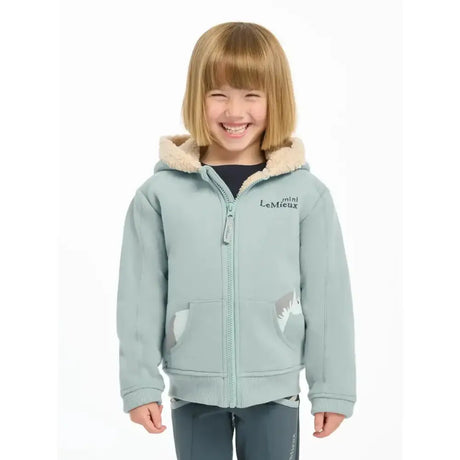 Lemieux mini charlie super snuggly lined hoodie glacier in light blue with fluffy beige hood lining and white shark graphics