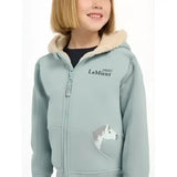 Lemieux mini charlie super snuggly lined hoodie glacier in soft mint green with plush beige hood and white horse appliqué