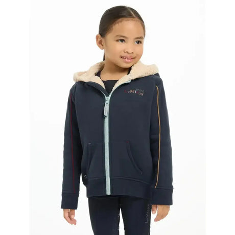 Navy lemieux mini charlie lined hoodie with plush beige hood lining and red gold sleeve stripes