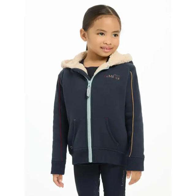 Navy lemieux mini charlie lined hoodie with plush beige hood lining and red gold sleeve stripes