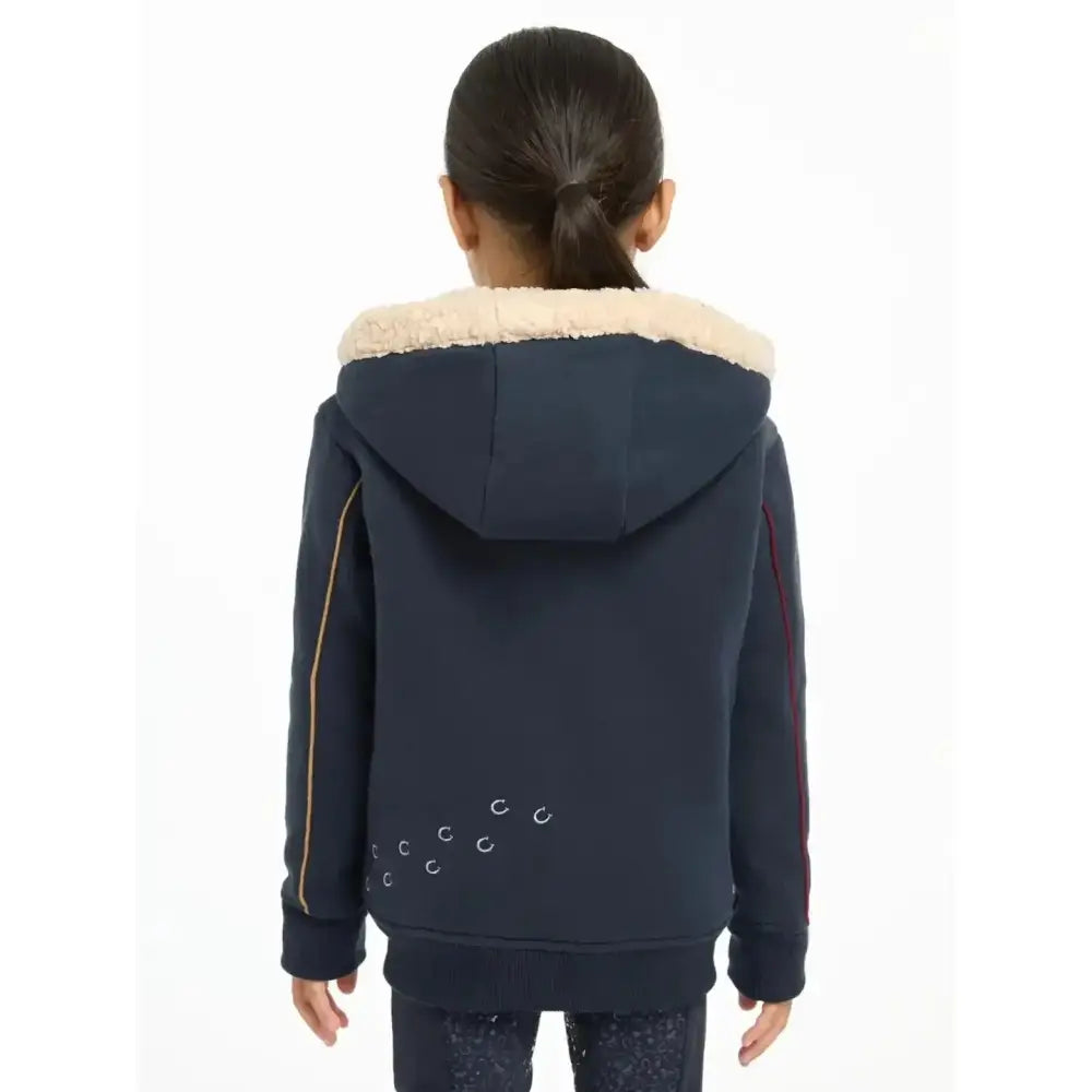 Navy blue lemieux mini charlie lined hoodie with cream fleece lining and subtle white embroidery on the back