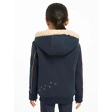 Navy blue lemieux mini charlie lined hoodie with cream fleece lining and subtle white embroidery on the back