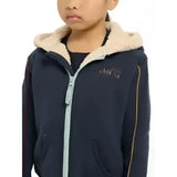 Dark navy lemieux mini charlie lined hoodie with plush cream fleece-lined hood and matching side stripes