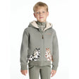 Gray lemieux mini charlie pony hoodie rosemary with white plush hood lining and zebra and giraffe appliqués on front