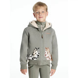 Gray lemieux mini charlie pony hoodie rosemary with white plush hood lining and zebra and giraffe appliqués on front