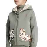 Gray lemieux mini charlie pony hoodie rosemary with plush white-lined hood and embroidered horse designs on front pockets