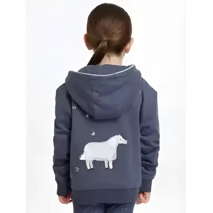 A child wearing the back of a dark gray lemieux mini charlie zip hoodie with white horse graphic in dusk blue