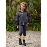 Young girl wearing lemieux mini charlie zip dusk blue dark blue hoodie with star embroidery and matching leggings
