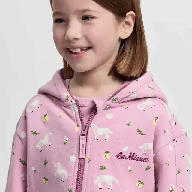Pink lemieux mini charlie kids zip hoodie with white llama lemon prints dropped shoulders and pony applique details