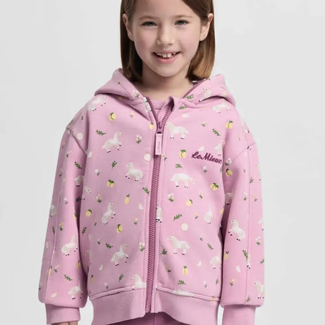 Pink lemieux mini charlie zip-up hoodie with pony applique details playful unicorn lemon and leaf pattern dropped shoulders