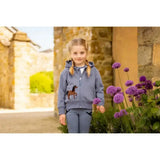 Gray hooded sweatshirt with brown horse appliqué on chest in lemieux mini charlie zip jay blue style