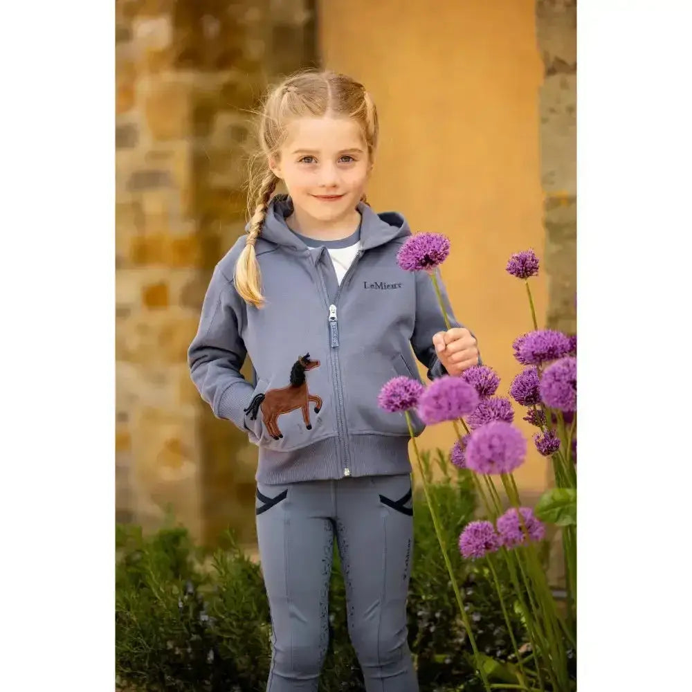 Gray lemieux mini charlie zip hoodie with brown horse appliqué and matching gray pants from jay blue collection