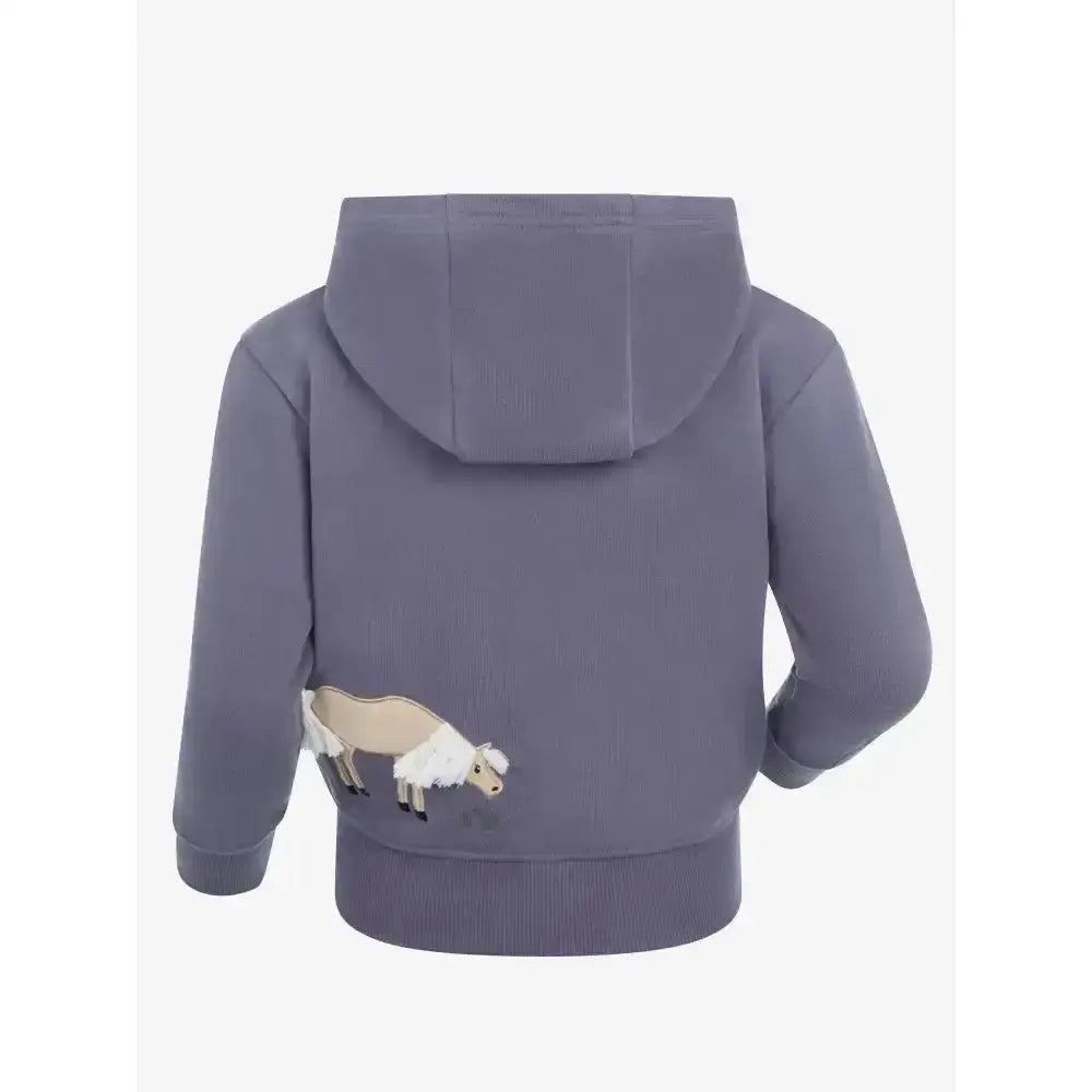 Back of a soft gray lemieux mini charlie zip hoodie with a beige and white sheep appliqué in jay blue color