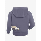 Back of a soft gray lemieux mini charlie zip hoodie with a beige and white sheep appliqué in jay blue color