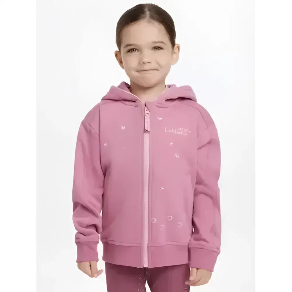 Pink lemieux mini charlie zip hoodie with subtle white heart and star embroidery perfect for kids