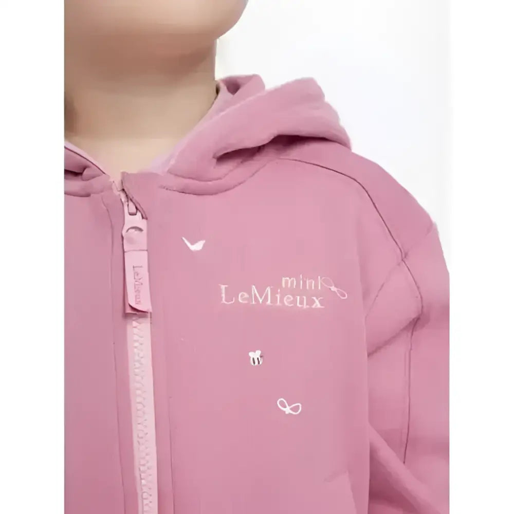 Pink lemieux mini charlie zip hoodie with embroidered branding and white butterfly motifs in peony color