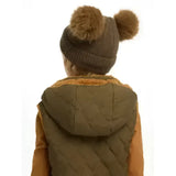 Brown knitted lemieux mini clara beanie with two fluffy pom-poms perfect for alpine winter fun