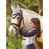 Purple and white mesh lemieux mini classic fly hood with adjustable straps face veil for horse protection