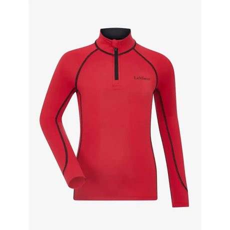 Red lemieux mini classique chilli base layer with long sleeves, half zip, black trim, and subtle embroidered logo