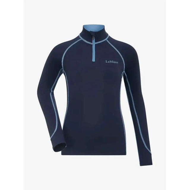 Navy blue lemieux mini classique long-sleeve half-zip base layer with light gray stitching and lighter blue zipper pull