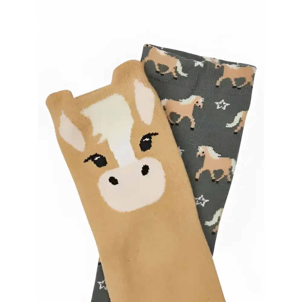 Lemieux mini cotton character socks haflinger 2 pack with tan horse face and dark gray socks with horse star patterns