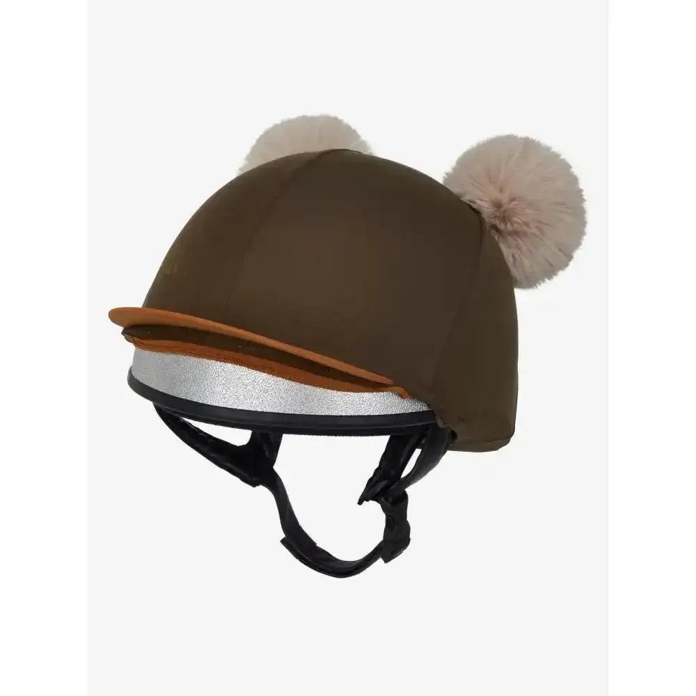 Brown lemieux mini double pom hat silk alpine with fluffy beige pom-poms and silver reflective band