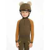 Brown and tan lemieux mini double pom hat silk alpine with fluffy pom-poms designed for equestrian use