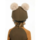 Olive green lemieux mini double pom hat silk alpine with two fluffy beige pom-pom ears on top