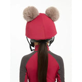 Bright red lemieux mini double pom hat silk ember with two fluffy beige pom-poms on top for equestrian use