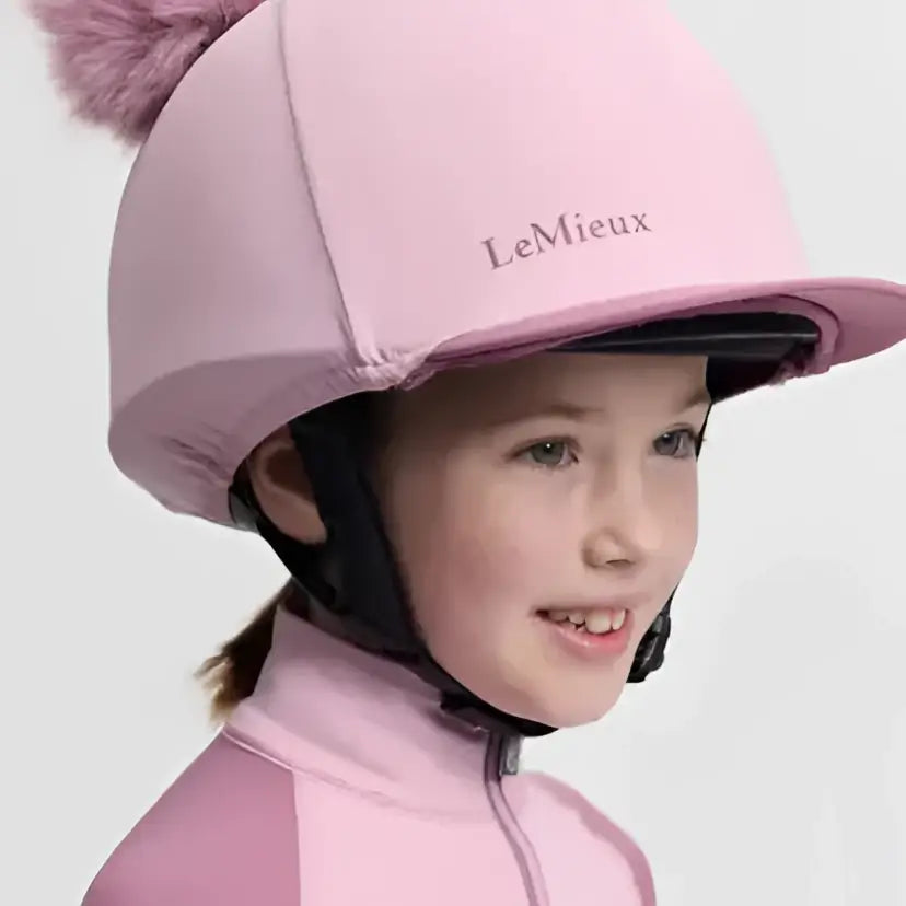 Pink lemieux mini double pom hat silk fondant equestrian helmet with fluffy pom-pom on top for riding use