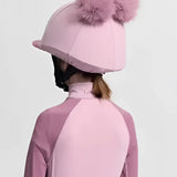 Pink lemieux mini double pom hat silk fondant equestrian helmet with two fluffy pom-poms on top