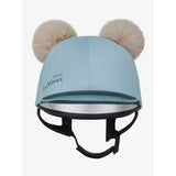 Light blue lemieux mini double pom hat silk glacier helmet cover with beige pom-pom ears for riding safety