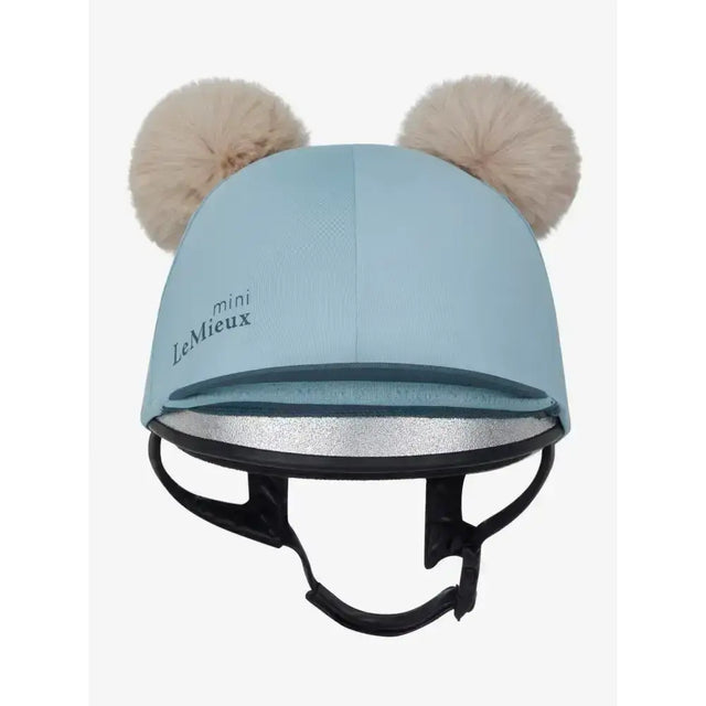 Light blue lemieux mini double pom hat silk glacier helmet cover with beige pom-pom ears for riding safety