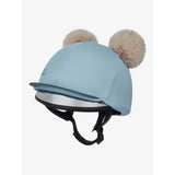Light blue lemieux mini double pom hat silk glacier equestrian helmet cover with fluffy beige pom-poms on top