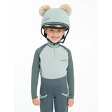 Light blue and gray lemieux mini double pom hat silk glacier with fluffy beige ear-like decorations for riding