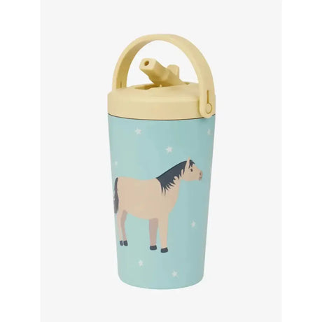 Light blue lemieux mini drinks sippy cup with beige handle and straw featuring a cartoon horse illustration