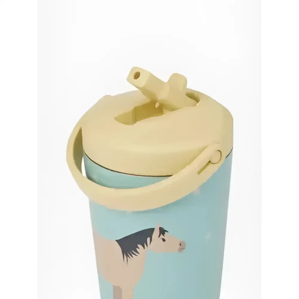 Light blue lemieux mini drinks insulated bottle with beige straw lid handle and horse design for easy carrying