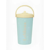 A pastel blue lemieux mini drinks insulated sippy cup with beige handle and gold foil lettering lemans