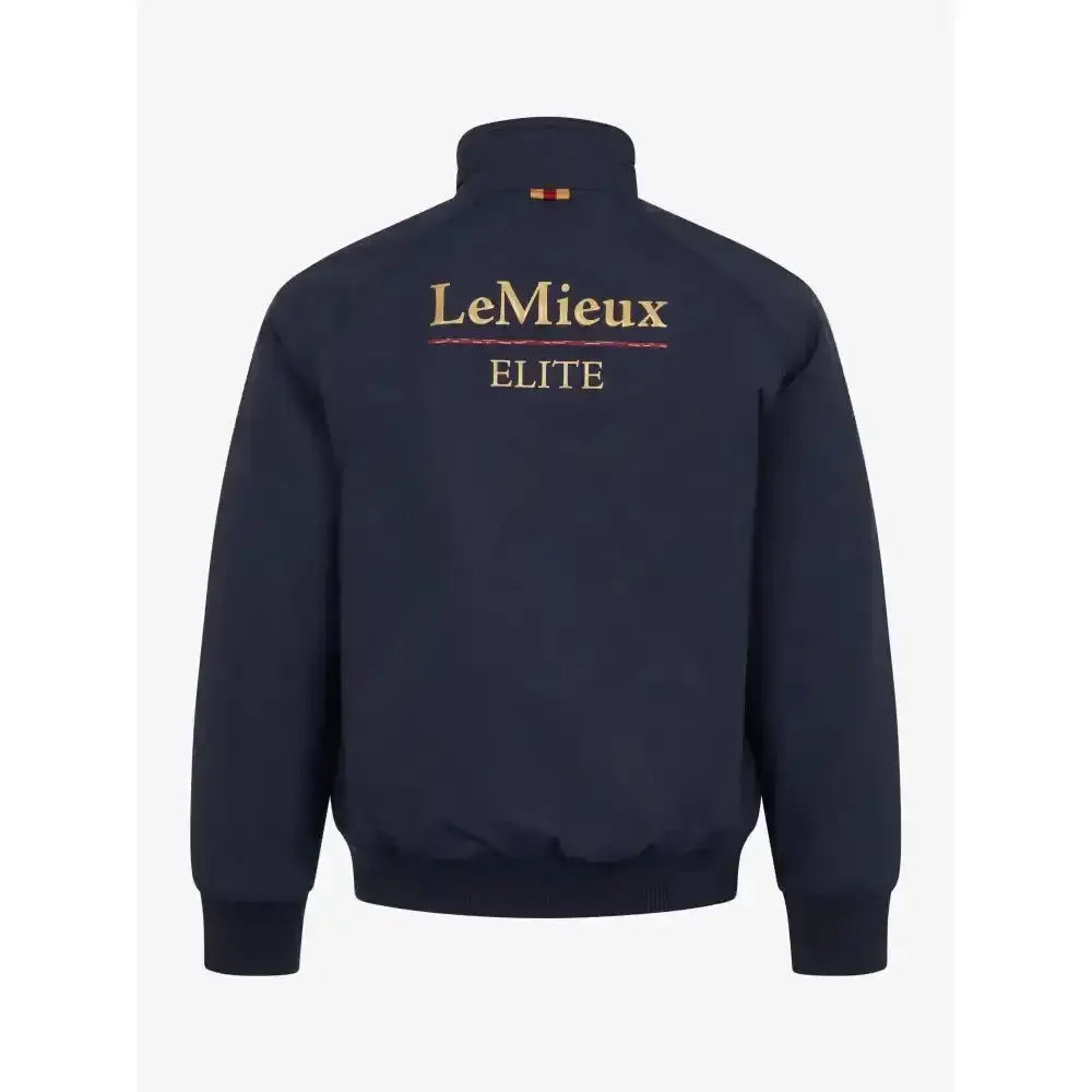 Navy blue lemieux mini elite team jacket with gold and red embroidered branding on back and fully taped seams