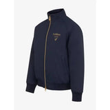 Navy blue lemieux mini elite team jacket with gold zipper and fully taped seams for outdoor riding comfort