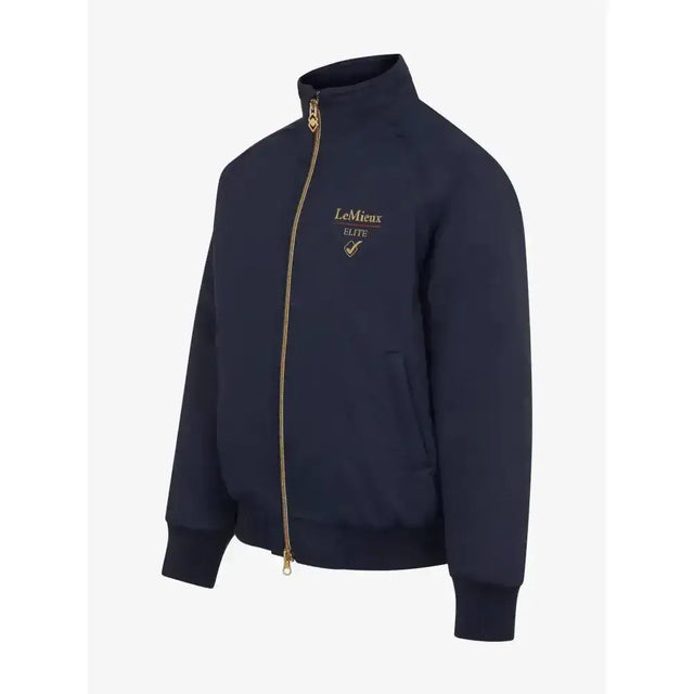 Navy blue lemieux mini elite team jacket with gold zipper and fully taped seams for outdoor riding comfort