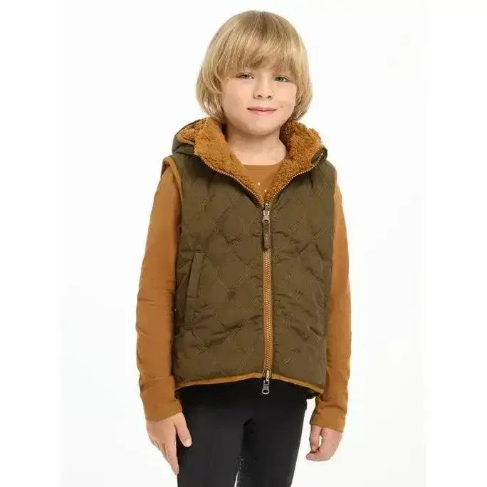 Olive green lemieux mini elsie quilted vest with tan plush lined hood and matching zipper pull reversible gilet alpine
