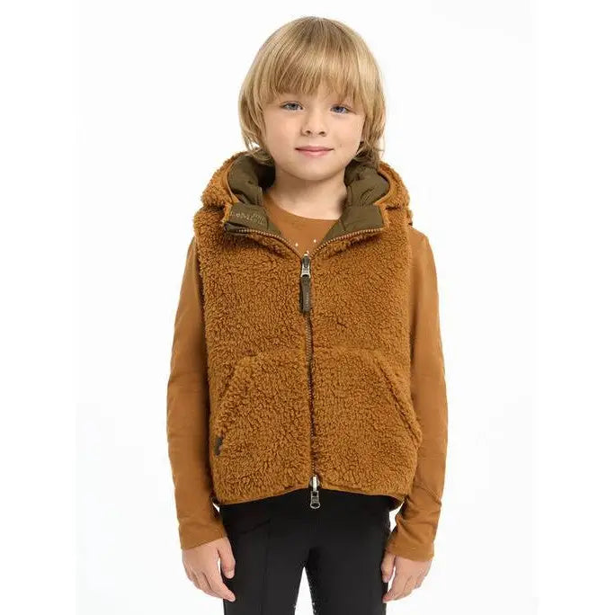 Fluffy brown Lemieux Mini Elsie Reversible Gilet Alpine with hood and zipper on child