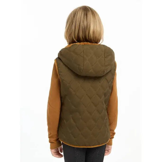 Quilted olive green Lemieux Mini Elsie Reversible Gilet Alpine over mustard shirt