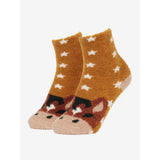 Cute tan and brown lemieux mini fluffy character socks with cow face and white stars perfect for cozy wear