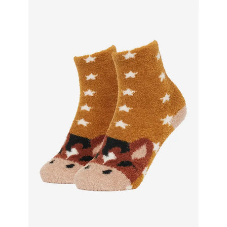 Cute tan and brown lemieux mini fluffy character socks with cow face and white stars perfect for cozy wear