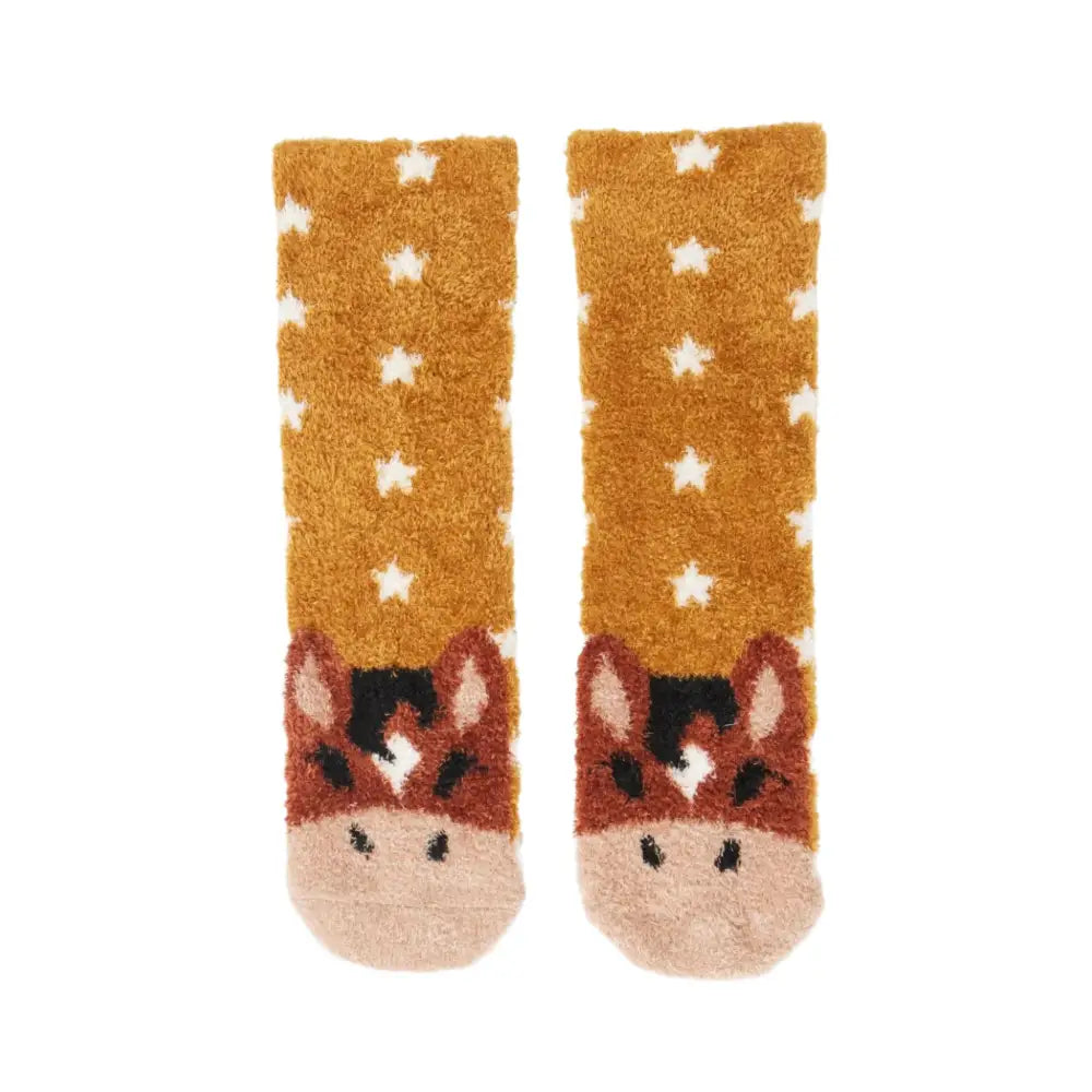 Cute tan fluffy character socks lemieux mini fluffy featuring white stars and horse faces on the toes chancer style