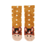 Cute tan fluffy character socks lemieux mini fluffy featuring white stars and horse faces on the toes chancer style