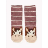 A pair of lemieux mini fluffy character socks duke with maroon and cream stripes and a cute cow face design