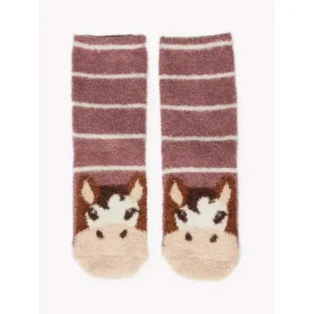 A pair of lemieux mini fluffy character socks duke with maroon and cream stripes and a cute cow face design